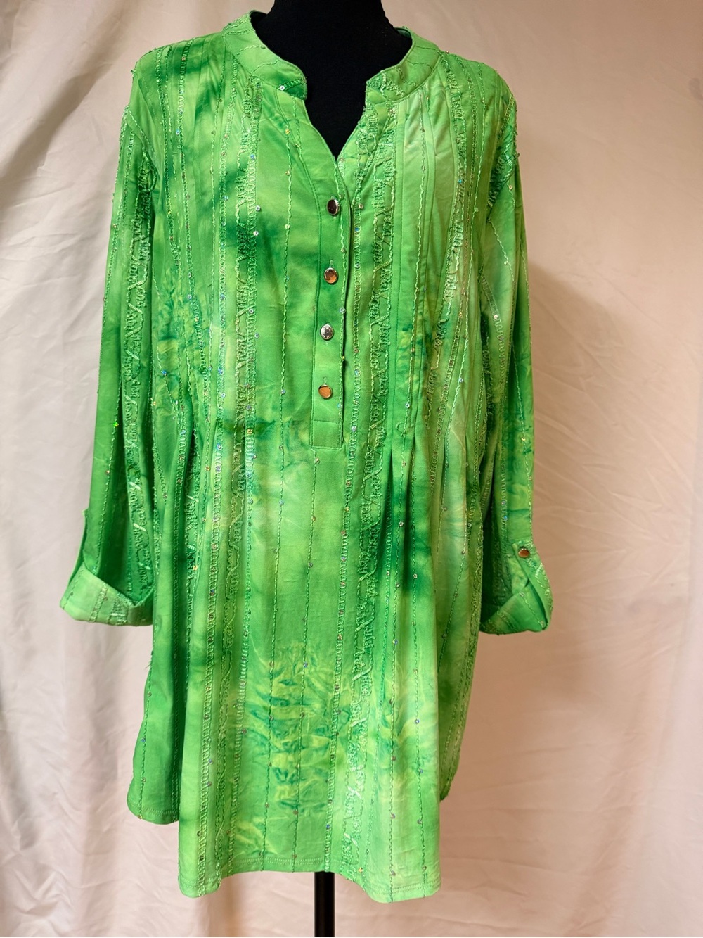 Coral Bay Green Tie Dye Women's Tunic - Lightweight Button Front 2x Vinatage